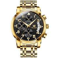 OLEVS Mens Stainless Steel Chronograph Watch, Big Face Gold Silver Black Tone Easy to Read Analog Quartz Watch, Luxury Waterproof Date Diamond Roman Arabic Numerals Dial Dress Watch for Men Black Face/Gold Band