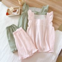 Loose Embroidered Cotton Pajamas for Women Summer Sleeveless Shorts Home Wear Suit Square Collar Sexy Sleepwear 2 Piece Sets