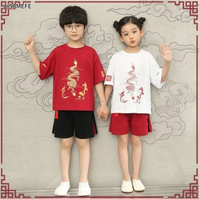 AISAMEFE ชุดเสื้อยืดสำหรับเด็ก,ชุดเสื้อผ้า2ชิ้นลายจีนน้องสาวของเด็กสไตล์จีนใหม่ปี1-13Y