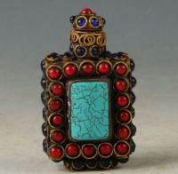 TIBET VINTAGE COPPER INLAY TURQUOISE CORAL BEADS SNUFF BOTTLE