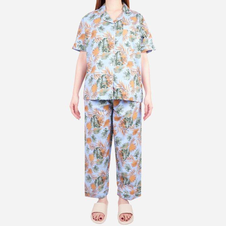 Baleno Sleepwear Ladies Pajama Set in Leaves Print in Blue Lazada PH