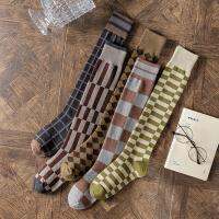 【LZ】✕  Meias Over-the-Knee Tubo Alto JK Calf Socks Xadrez Versão Coreana Estilo Universitário Lingge