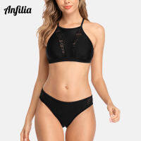 Anfilia ผู้หญิงบิกินี่คอสูงชุดสีทึบชุดว่ายน้ำ Hollow Out ชุดว่ายน้ำเซ็กซี่ Push Up Beachwear