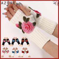 AZURE ถักนิตติ้ง ถุงมือสำหรับข้อมือ สีขาวสีดำ ดอกไม้ปักลาย ข้อมือแขนเสื้อ ของใหม่ อุปกรณ์เสริมที่อบอุ่น ถุงมือป้องกันข้อศอก ผู้หญิงผู้หญิงผู้หญิง