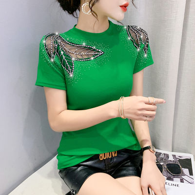 YIMEI Short Sleeve Round Neck Fashion Hollow Lace Hot Diamond Womens T-Shirt 2023 Spring/Summer New Large Slim Slim Cotton Green Top