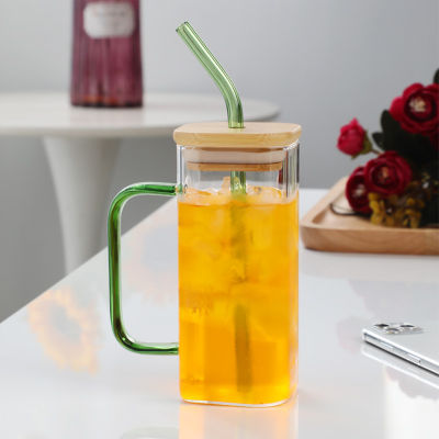 แก้ว HJI แก้วปากกว้างพร้อมฝาแก้วน้ำดื่ม &amp; ที่จับสำหรับน้ำผลไม้กาแฟเย็นสมูทตี้
