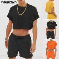 INCERUN Men Summer Fashion Short Sleeve Crop Top+Short Pant Solid Color 2Pcs Set