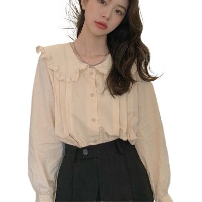เสื้อเบลาส์ลำลองคอตุ๊กตาของผู้หญิงเสื้อเชิ้ตเรียบง่ายจับจีบทรงหลวมสไตล์เกาหลีเสื้อเด็กผู้หญิงแขนยาว