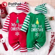 PatPat Christmas Baby Bộ Áo Liền Quần In Chữ Dài Tay Kẻ Sọc 95% Cotton Cho
