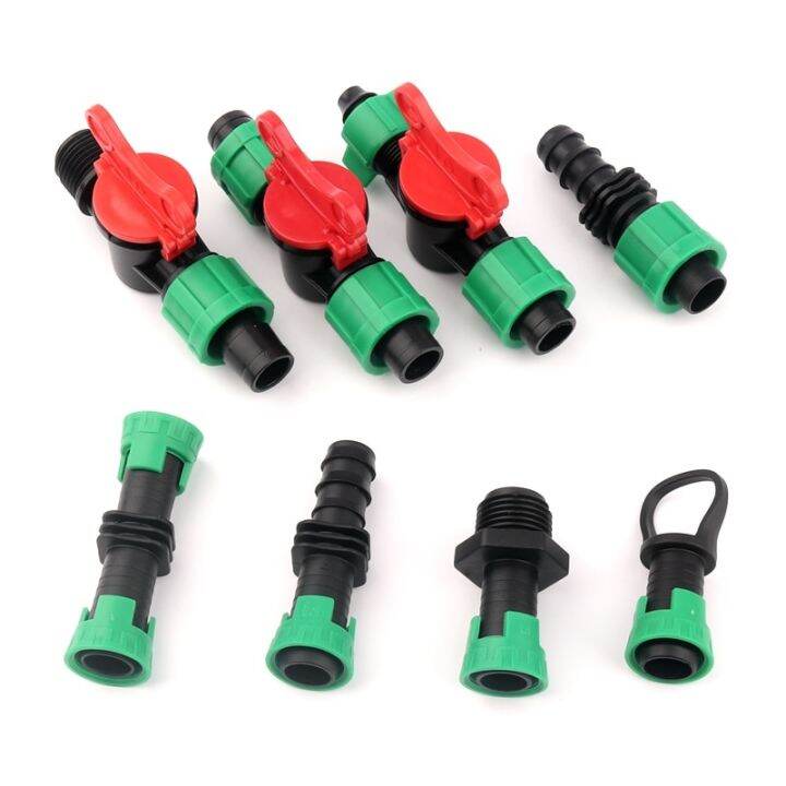 5pcs-lot-16mm-micro-irrigation-drip-tape-connectors-thread-locked-shut-off-valve-elbow-tee-agricultural-drip-irrigation-fittings