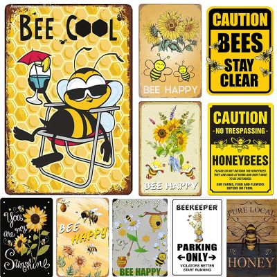 Bee Happy In The Sunshine Honeybee Beekeeper Slogans Retro Vintage Metal Plate Decoration Wall Decor Tin Metal Sign Poster Baking Trays  Pans