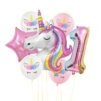 1Set Unicorn Birthday Balloon 32 Inch Number Foil Balloons 1st Baby Kids Unicorn Theme Party Decoration Baby Shower Air Globos Artificial Flowers  Pla