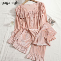 Gaganight Women Two piece Pajamas 2021 Autumn Winter New Sweet Fairy French Velvet Breasted Ruffled Loose Top Thin Harem Pants