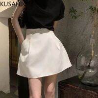 {Summer skirt} KUSAHIKI แฟชั่นใหม่สำหรับฤดูร้อน2022กางเกงขาสั้นสตรีเอวสูงกระเป๋าลำลองสีล้วน ROK Mini Faldas Mujer