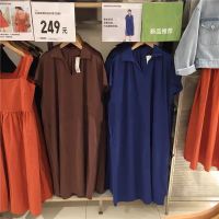 Uniqlo Sanlitun womens 2022 new summer new linen blended short-sleeved western-style shirt-style long dress 449258