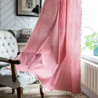 Finished curtain red plaid tassel Korean small window kitchen semi-shading bay single piece 【MAY】