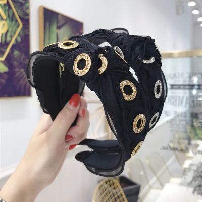 [COD] Korean new quality wholesale hair accessories version simple hollow lace mesh knotted wide-brimmed headband