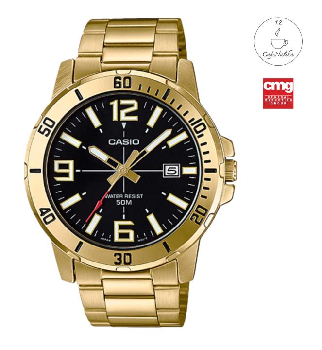 นาฬิกา ผู้ชาย  Casio รุ่น MTP-VD01G MTP-VD01G-1BV สายแสตนเลส สีทอง หน้าปัดดำ cmg ประกันห้างเซนทรัล 1 ปี ของแท้ 100% CafeNalika