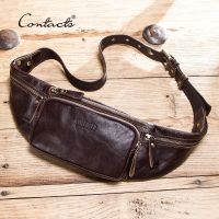 CONTACTS Cowhide Men Waist Pack กระเป๋าสะพาย Fanny ขนาดเล็กแบบสบาย ๆ สำหรับโทรศัพท์มือถือและบัตรเครดิตกระเป๋าเดินทางเอว