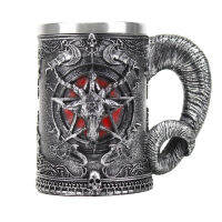 Baphomet Pentagram Horn Mug resin hand painted &amp; polished Retro Mug stainless steel liner Cool Cup Gothic Kitchen Bar Drinkware