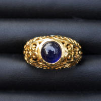 แหวนพลอยไพลินบางกะจะ (BLUE SAPPHIRE)ฉลุลายโบราณ ตัวเรือนเงินแท้92.5%ชุบทองคำ ไซด์นิ้ว 57 หรือเบอร์ 8 US