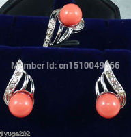 Hot sale FREE SHIP&amp;gt;&amp;gt;&amp;gt;&amp;gt;beautiful silver plate coral earring ring 7 8 9# Set