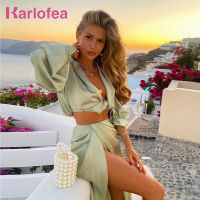 Karlofea 2 Piece Set Women Summer Beach Vacation Outfits y Cropped Blouse Shirts High Split Long Skirt Matching Suit Clothes