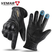 【CW】VEMAR Retro Leather Motorcycle Gloves Men Women Perforated Motocross Gloves Full Finger Motorbike Protective Gloves Black XS-XXL