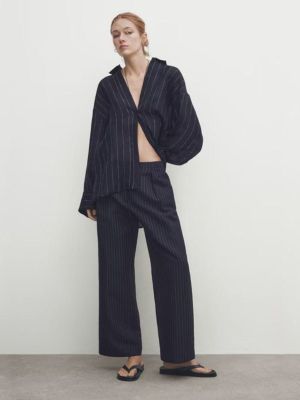 Massimo Dutti ชุดเดรส2023ต้นฤดูใบไม้ร่วง,ใหม่กางเกงเอวสูงลำลองศิลปะลายทางฝรั่งเศสสำหรับเสื้อทรงหลวม