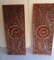 2 Pcs Wood Carving Panel 14 x 36 inches Reclaimed Wood Lotus Wooden Carved Panel Wall Art Hanging Home Decor ไม้แกะสลัก ไม้ฉลุ 14 x 36 inches ไม้สัก