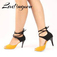 Ladingwu Latin Dance รองเท้า Beige สีเหลือง Suede Salsa Dance รองเท้ากีฬาในร่มรองเท้าเต้นรำ Professional Dance รองเท้าส้นโลหะ8c