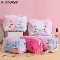 PURDORED 1 Pc Winter Warm Fur Cat Cosmetic Bag Women Plush Makeup Bag Female Beauty Case Travel Large Toiletry Makeup Case Bag