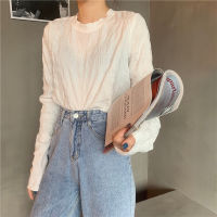 Autumn plain pleated long sleeve round neck slim T-shirt，cheap borong of Koreanfashion womens clothing readystock 821 9113