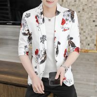 ZZOOI 2022 New Crown Flower Print Men Blazers Fashion Haslf Sleeve Slim Casual Suit Jacket Wedding Business Social Office Dress Coat