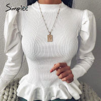 Simple elegant womens round neck solid white Long Sleeve Pullover Sweater Autumn winter female sweater ladies leisure jumper