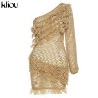 Kliou Bohemian Style Dress Women Autumn Plaid Tassel Skirt Sexy See Through Inclined Shoulder Robe Party Knitted Attirewear