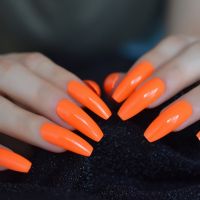 Fashion Solid Color Neon Orange Extra Long Ballerina Coffin UV False Nails Flat Finger Fake Nail Press on Party Salon Nail Art