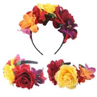 Women Day of The Dead Headband Artificial Contrast Color Rose Flower Crown with Fake Stamen Mexican Halloween Festival Headpiece
