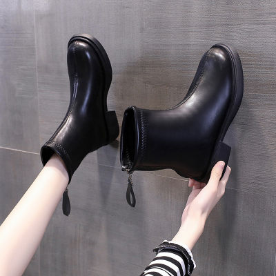 รองเท้าบู้ท2022มีซิปหลังรองเท้าบูทสำหรับผู้หญิง,รองเท้าบูทมาร์ตินส้นหนาหัวกลมภาษาอังกฤษสำหรับฤดูใบไม้ร่วง