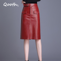 Qooth Spring Sashes High Waist Pocket Pu Skirts Women Fashion Elegant Midi Pencil Skirt Plus Size Zipper Leather Skirt QT1550