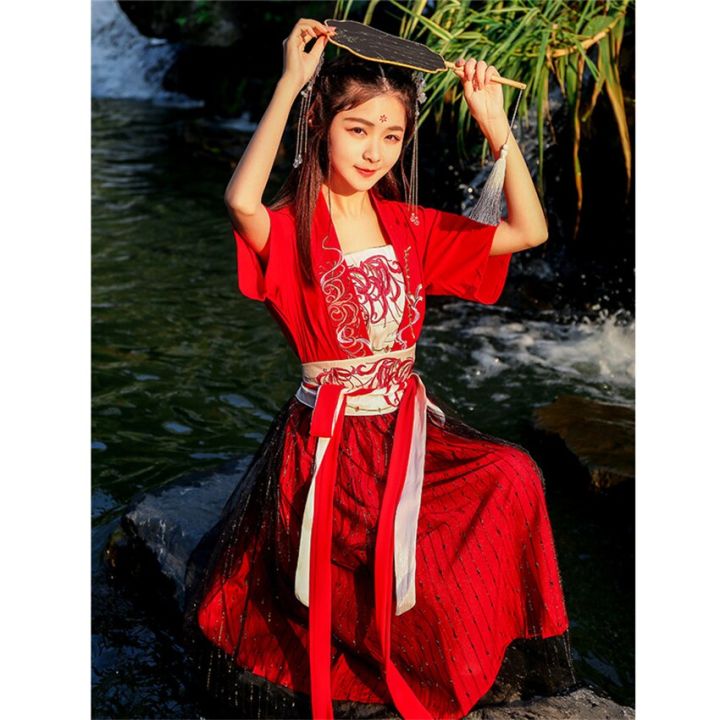 ชุดเดรสฮั่นฝูชุดจีนโบราณสำหรับผู้หญิง-ชุดเต้นรำปักลายหรูหรากระโปรงตาข่ายแขนสั้นสีแดงนางฟ้าสำหรับฤดูร้อน