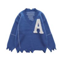 ；【‘；- V Neck Casual Irregular Hem Embroidery Sweaters Frayed Letter High Street Retro Pullover Men And Women Knitted Autumn Clothes