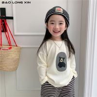 BAOLONGXIN เสื้อยืดเด็ก,ผ้าฝ้ายแขนยาวลำลองทรงหลวมพิมพ์ลายการ์ตูนเสื้อเชิ้ตยาวถึงก้นเด็ก