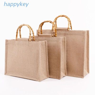 ☞㍿▩ HAP Portable Burlap Jute Shopping Bag Handbag Bamboo Loop Handles Reusable Grocery Bags