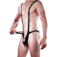 ผู้ชาย PU หนังบอดี้สูทปรับชุดชั้นใน T-Back G String Y-Shaped Suspender Jumpsuit อวัยวะเพศชายใหญ่กระเป๋าเกย์ชุดชั้นใน