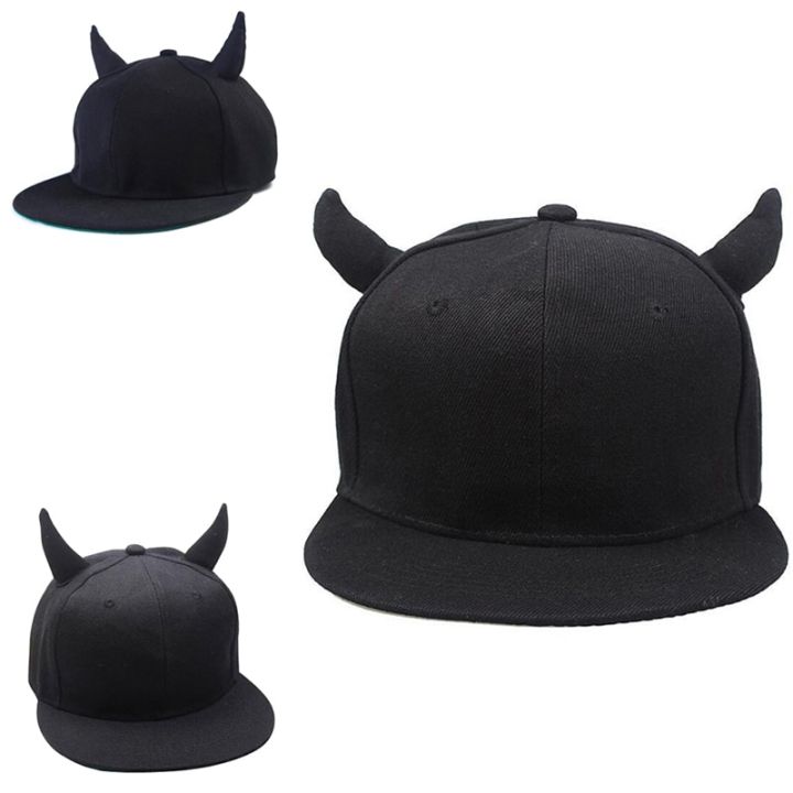 หมวกแก๊ปมีเขาสีดำสำหรับผู้ชายและผู้หญิง1ชิ้นหมวกพังค์ฮอร์นหมวกฮิปฮอปหมวกเบสบอล