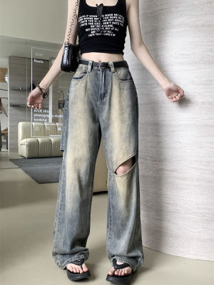 เสื้อแขนยาว กางเกงยีนส์ขาสั้นสไตล์อเมริกันผู้หญิงฤดูร้อนเอวสูงหลวมตรงกางเกงขากว้างอินเทรนด์