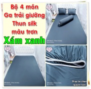 Xám xanh Bộ 4 món Drap Ga trải giường bo chun vải thun lạnh sợi silk màu