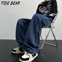 TIDE BEAR กางเกงยีนส์ผู้ชายชุดเอี๊ยมยีนส์การเย็บปักถักร้อยย้อนยุคสำหรับผู้ชายและผู้หญิงสายเอี๊ยมแบบฮิปฮอปทรงหลวมอินเทรนด์