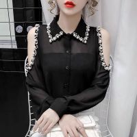 Fashion Off Shoulder Beading Lapel Loose Chiffon Shirt Oversized Casual Button Long Sleeve Womens Clothing Blouse Commute Tops